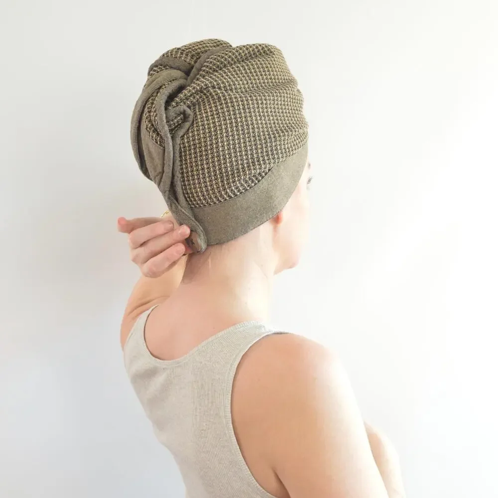 beige and black cotton hair towel